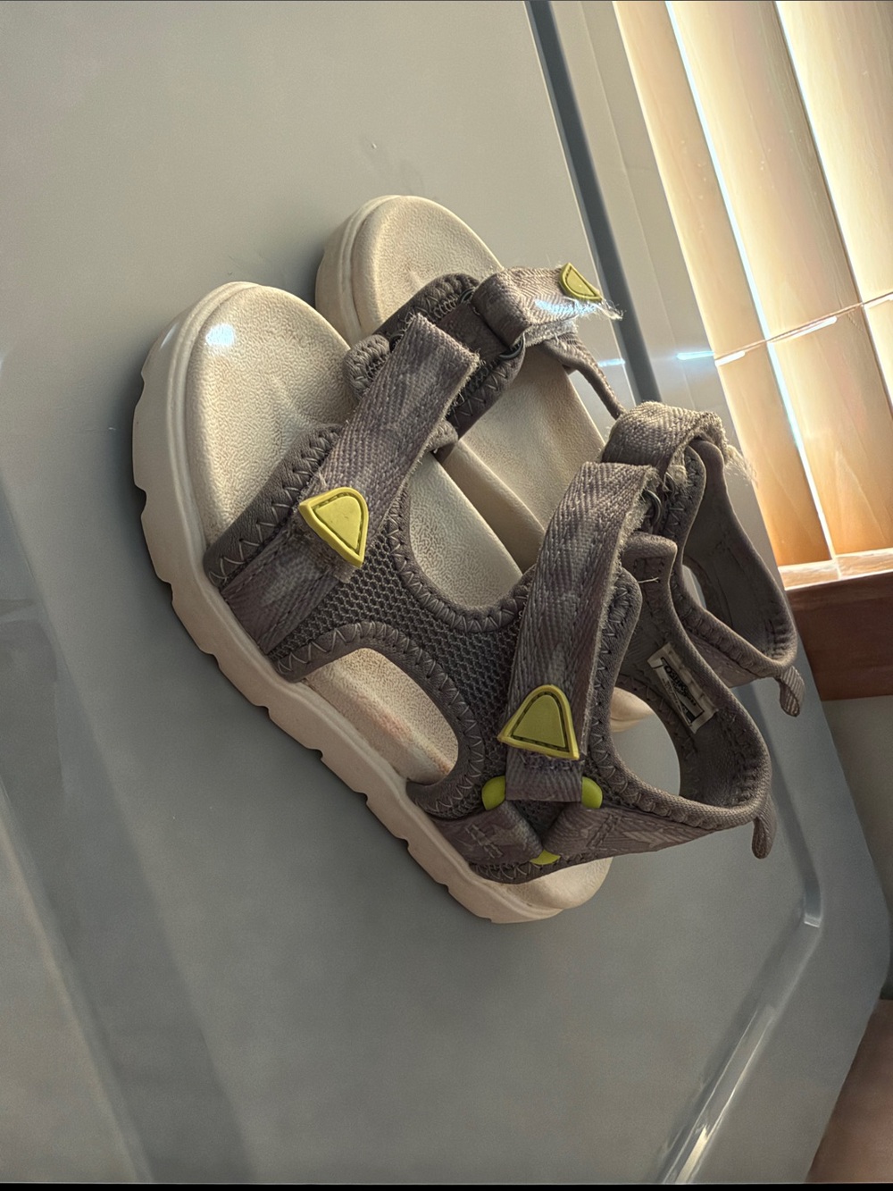 Kids Neutral Gray Outdoor Sandals with Yellow Accents